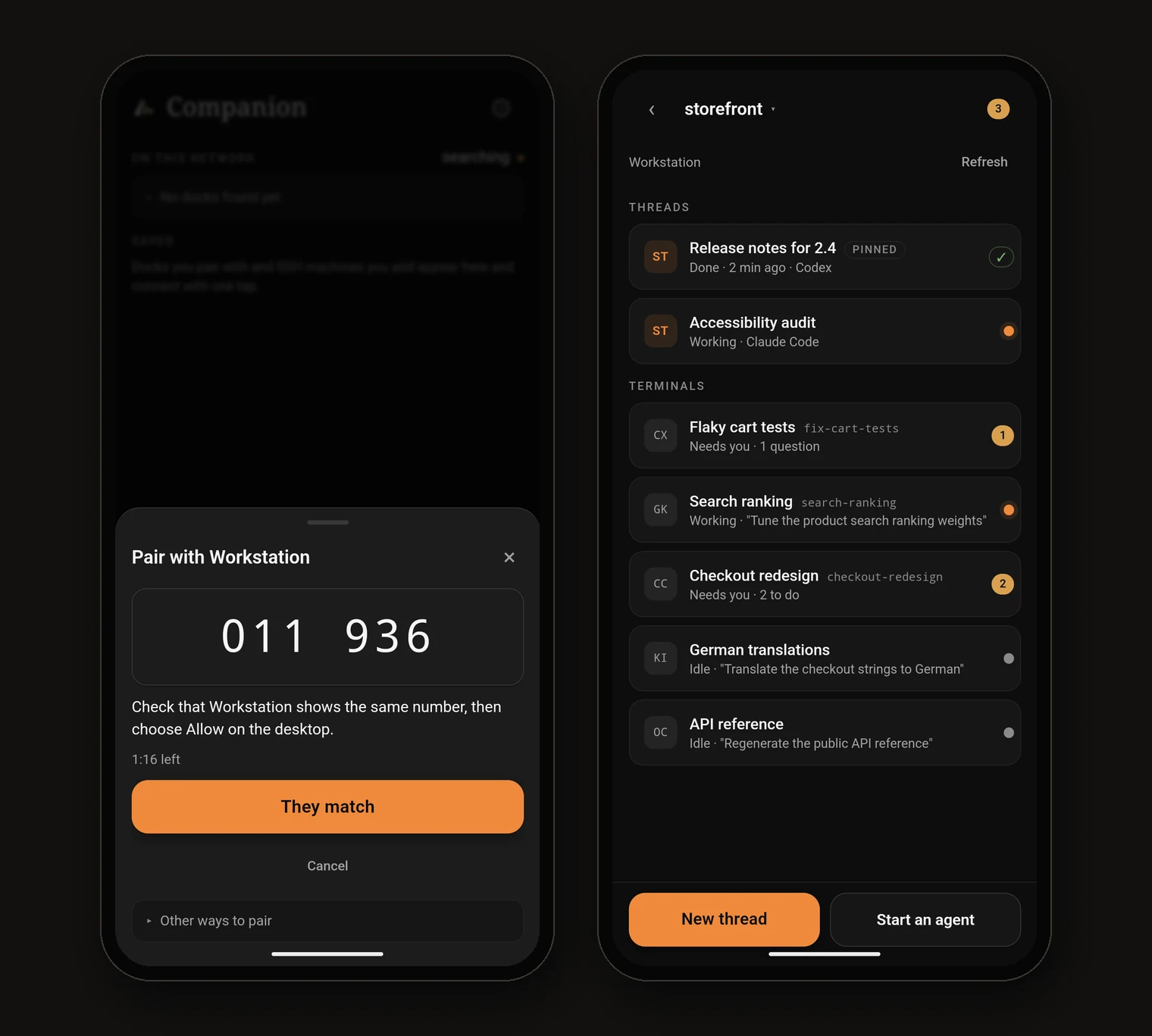 Two phone screens: the tap-to-pair sheet showing the six-digit code 011 936 with a They match button, and the storefront workspace it opens, listing threads and terminals across several agents