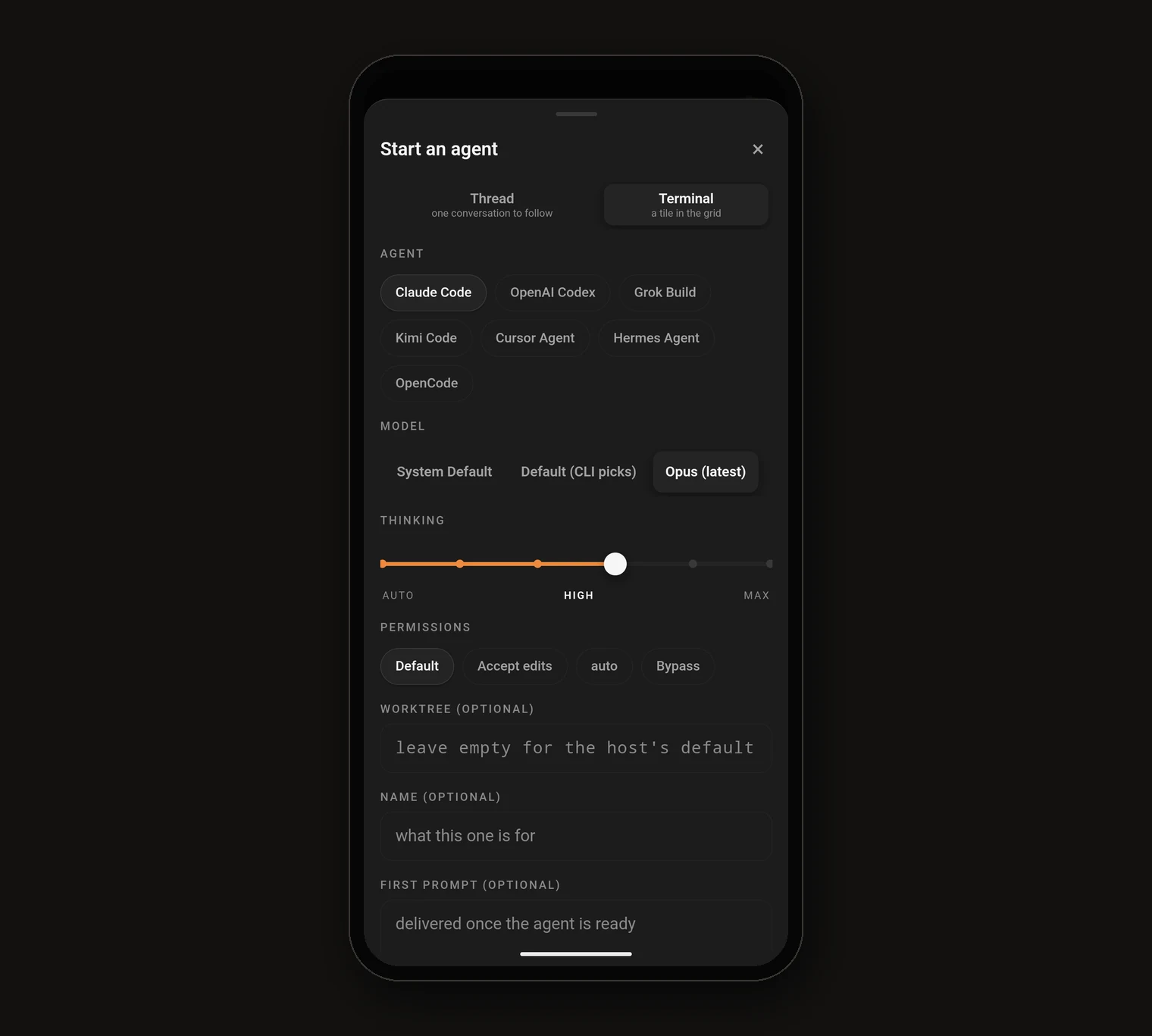The Start an agent sheet listing Claude Code, OpenAI Codex, Grok Build, Kimi Code, Cursor Agent, Hermes Agent and OpenCode, with model, thinking level, permissions, worktree, name and first prompt fields