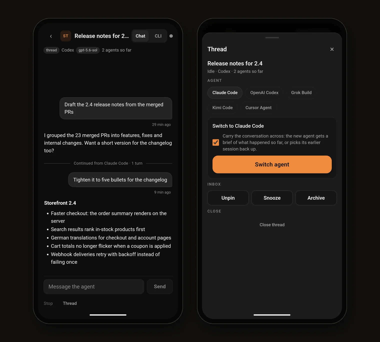 A release-notes thread with a Continued from Claude Code divider where Codex took over, and the Thread sheet set to switch to Claude Code with Carry the conversation across ticked